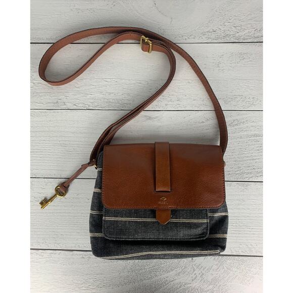 Fossil Women's Brown Leather Printed Fabric Crossbody Shoulder Bag Purse - Picture 1 of 9